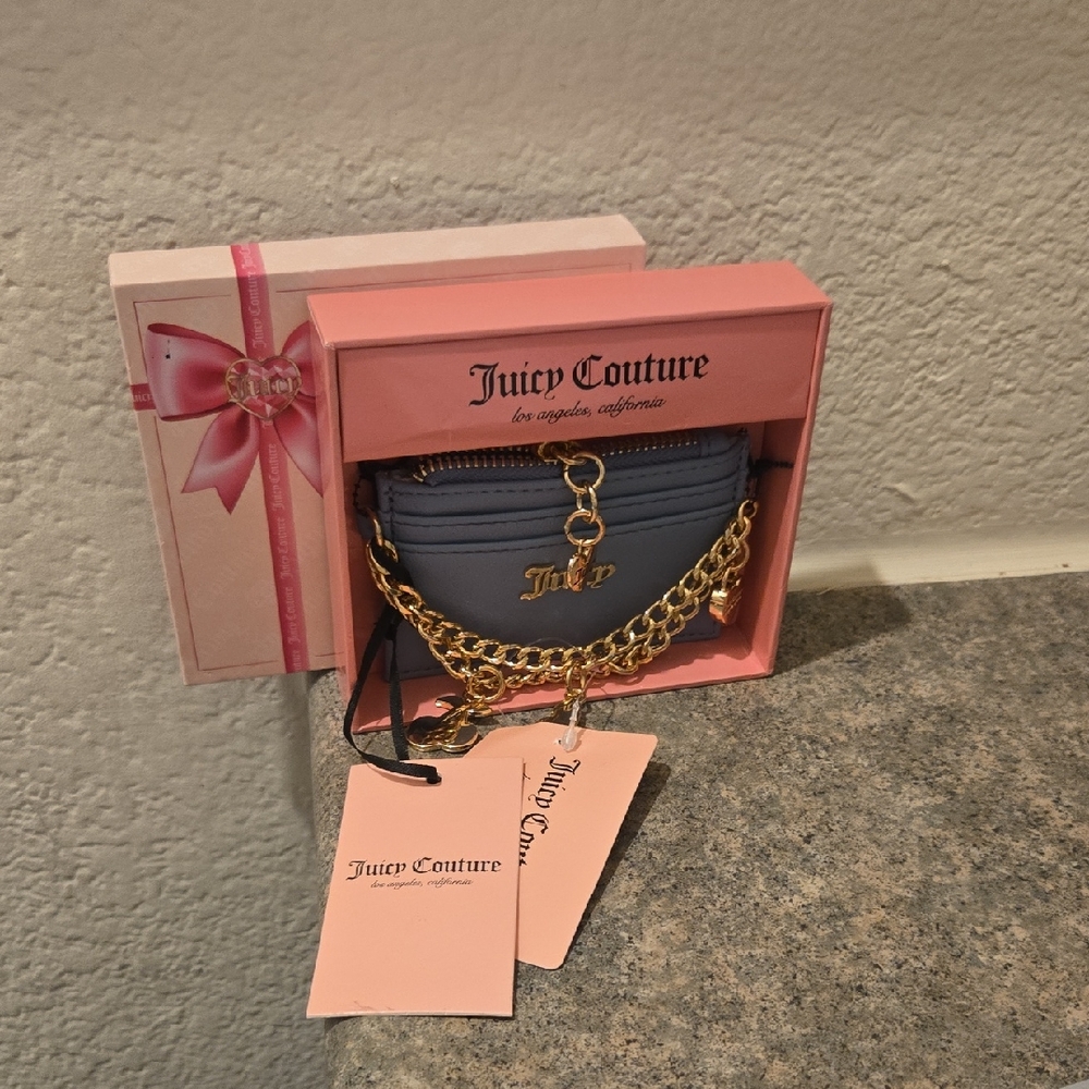 Juicy Couture  Grey Blue Pouch with Gold Chain Nwt